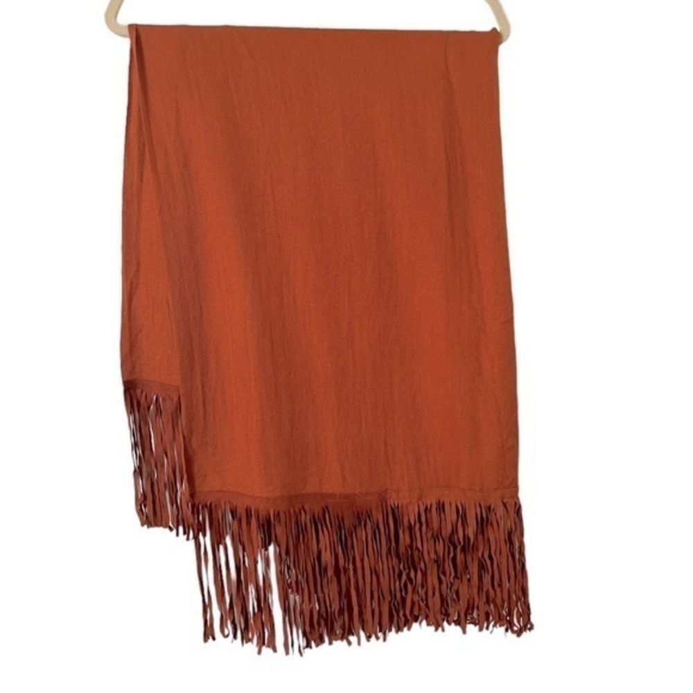 BINDYA LULLA Orange Wool/Silk Large Pashmina Shawl Scarf w/ Faux Suede Fringe